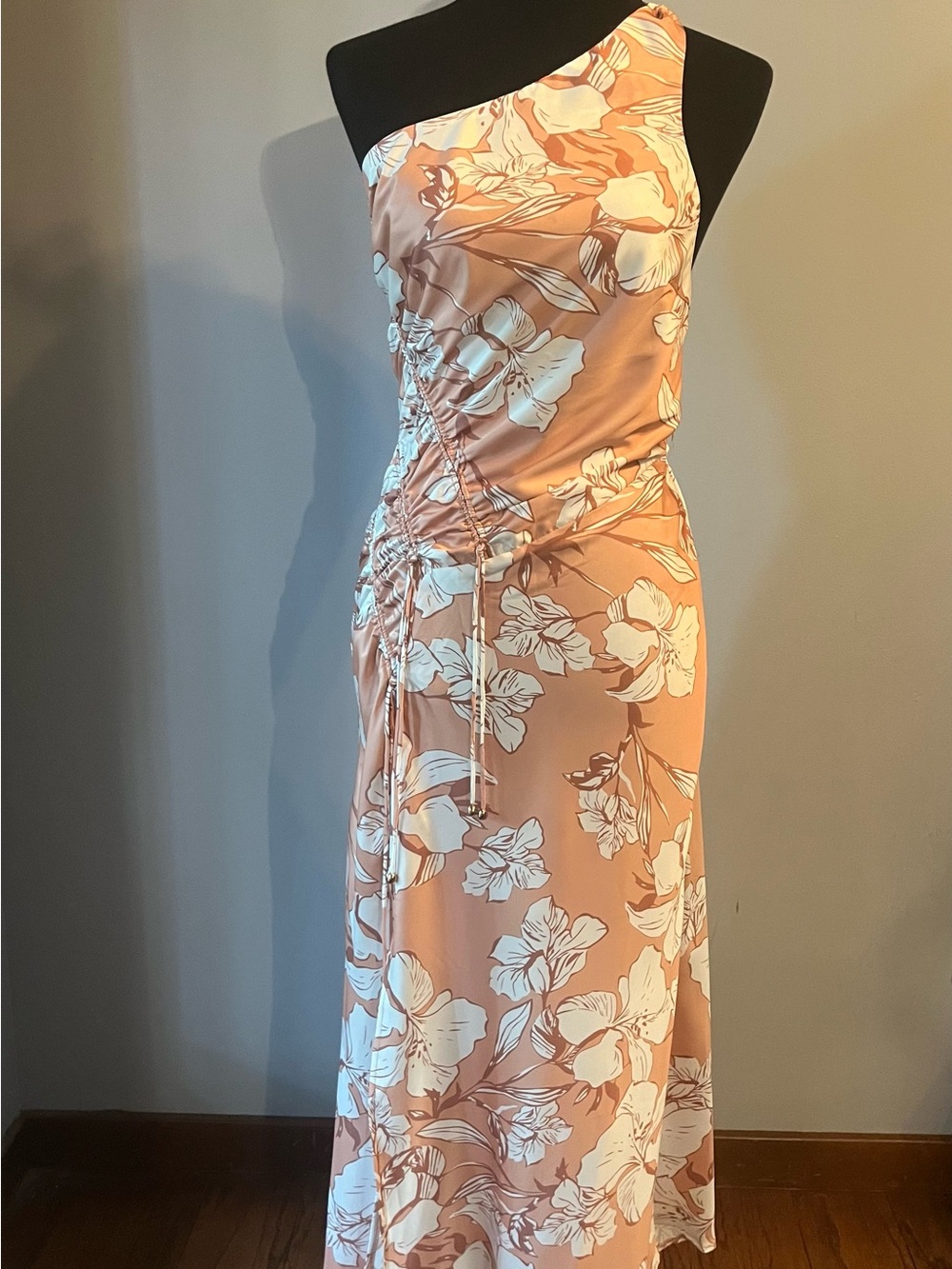 Hello Molly Floral Peach One Shoulder Ruched Maxi Dress Size S